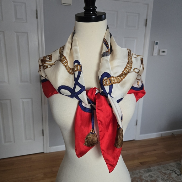 Vintage Hand Rolled Silk Scarf With Equesrian Motives